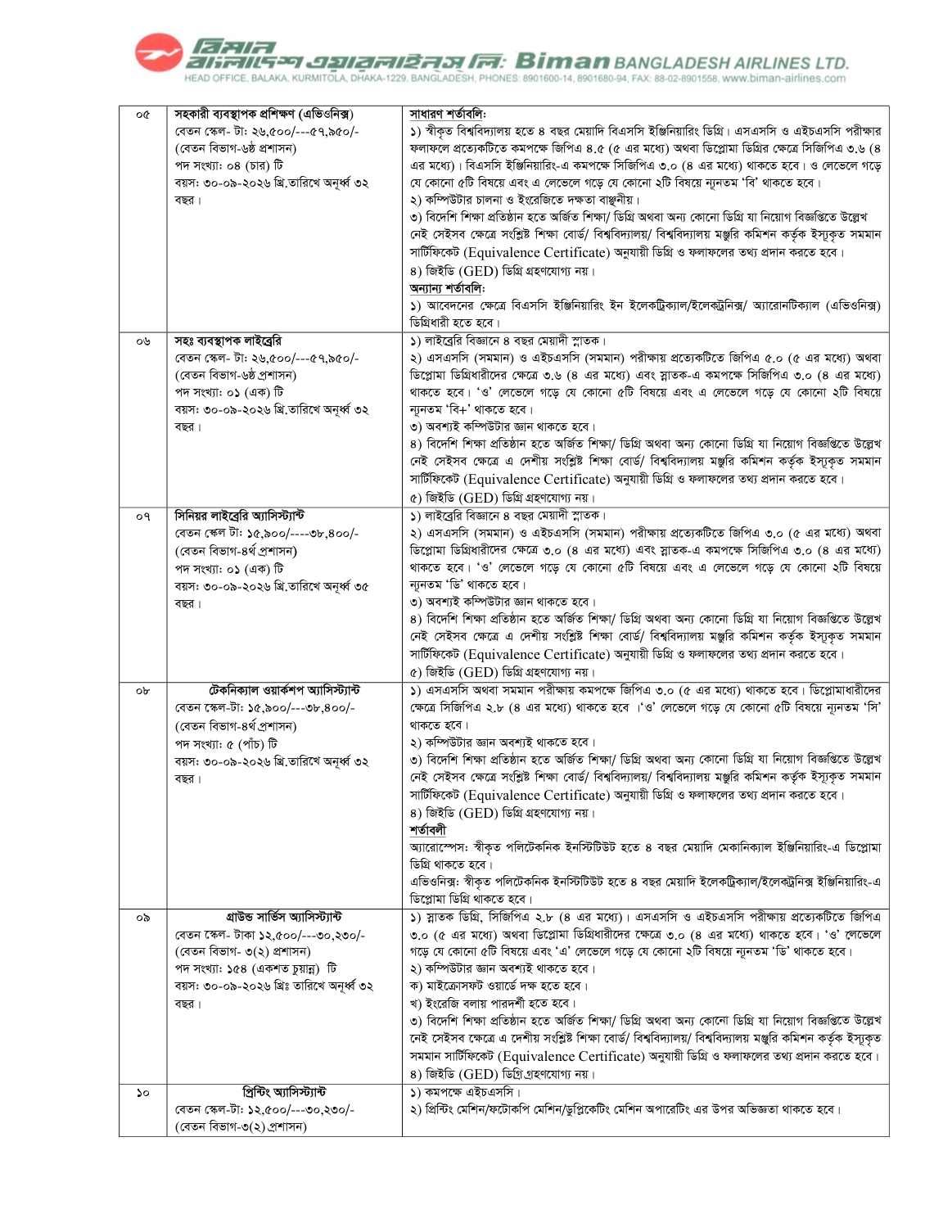 Biman job circular 2026 page 2 - Avionics Library Workshop Ground Service posts