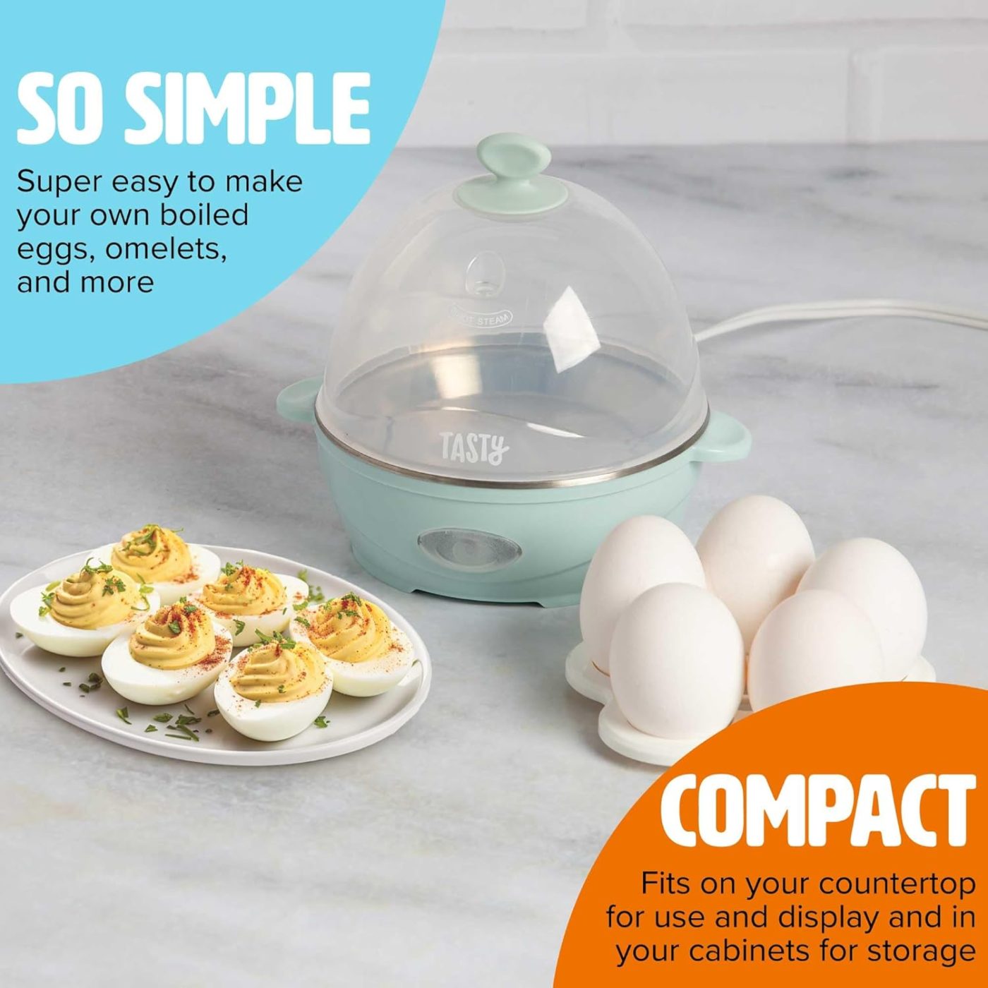 Tasty Mini Rapid Egg Cooker Aqua egg boiler on countertop