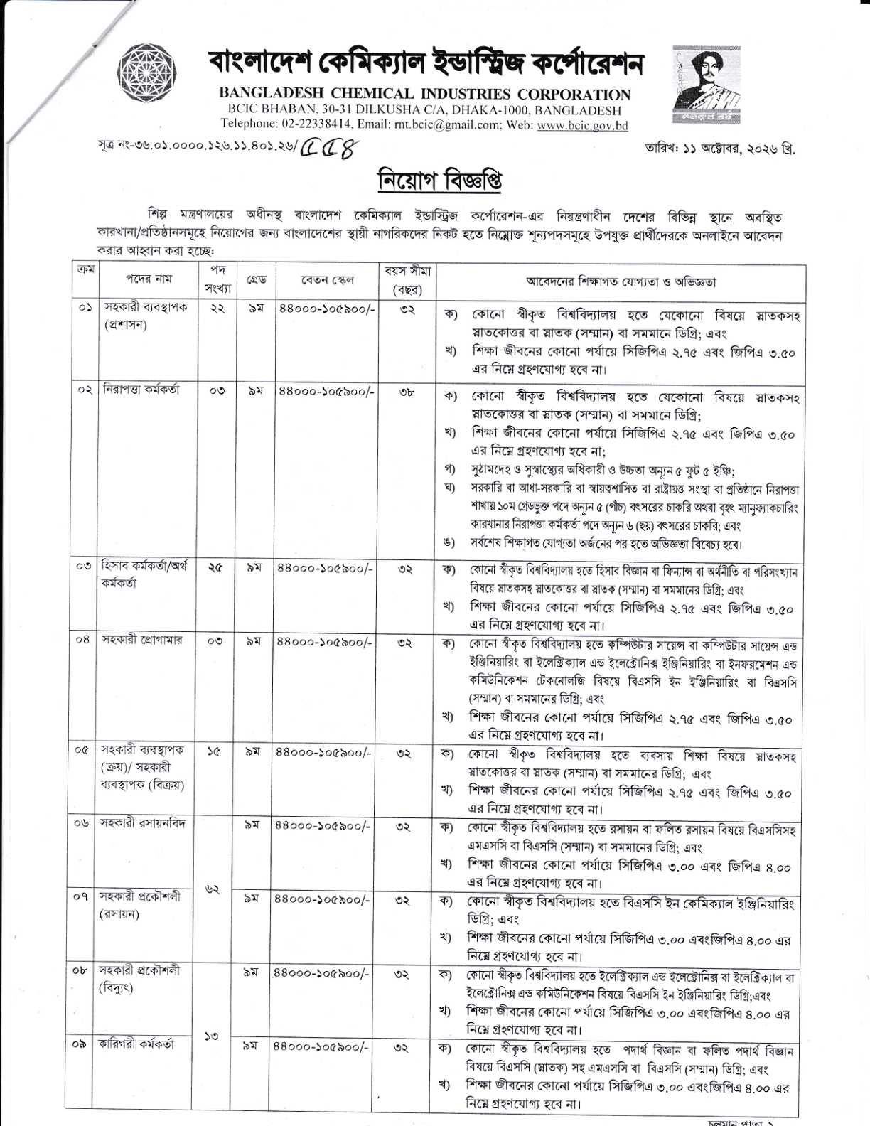 BCIC Job Circular 2026 page 1 - Grade 9 posts Assistant Manager Chemist Engineer