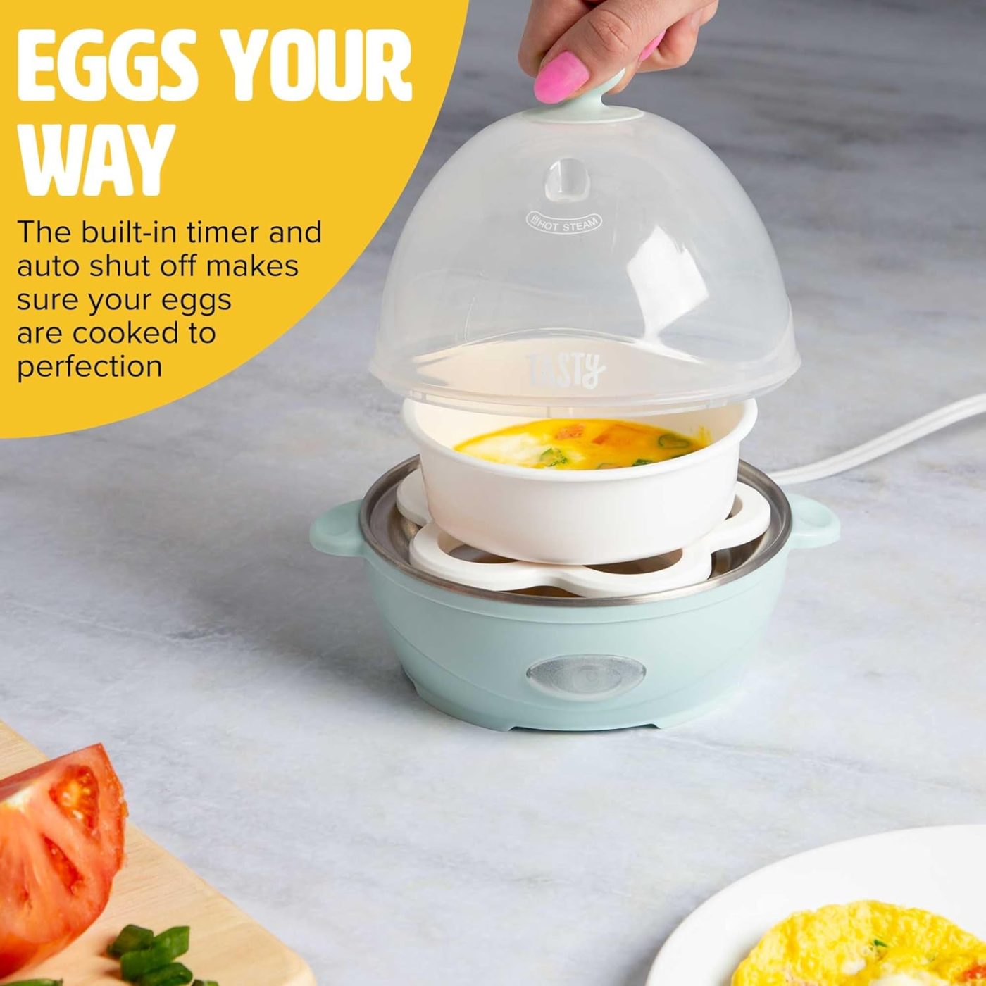 Tasty egg cooker 5 egg capacity tray with hard boiled eggs