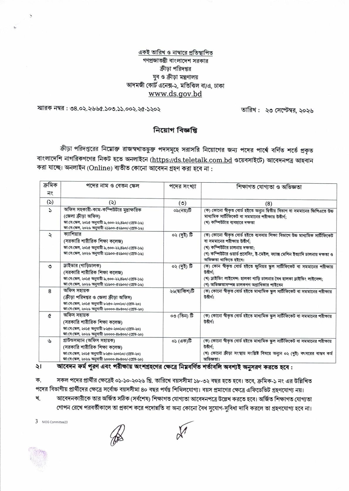 Directorate of Sports Job Circular 2026 page 1 - 43 posts vacancy table