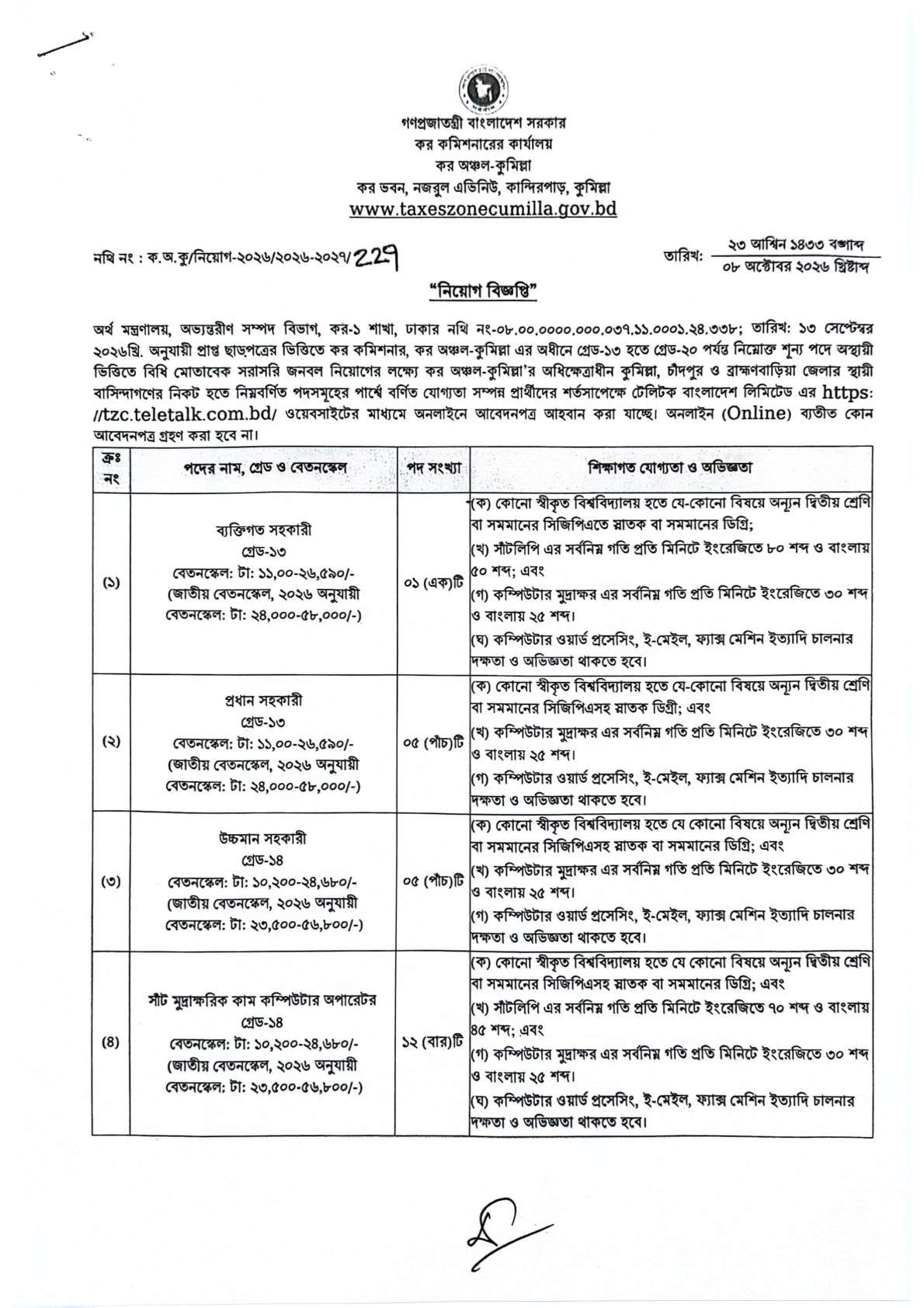 Taxes Zone Cumilla Job Circular 2026 page 1 - PA Head Assistant UDA Stenotypist posts