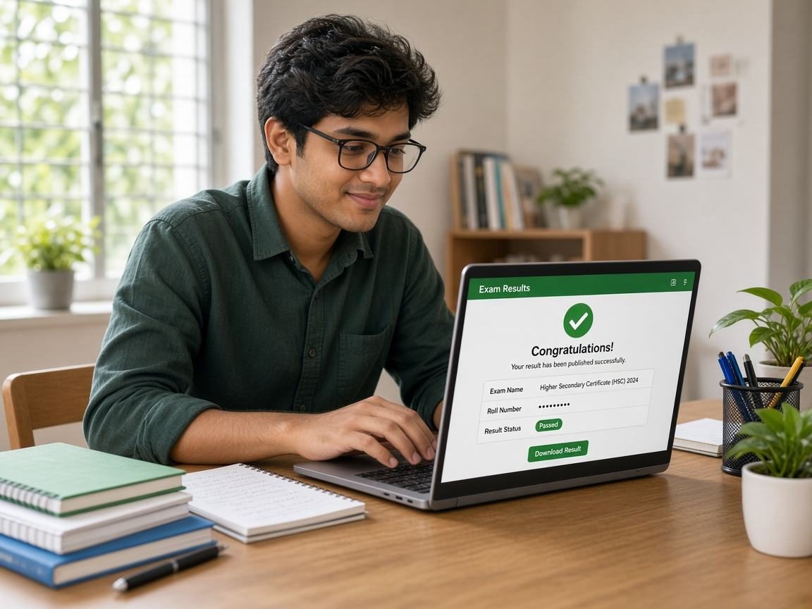 Student checking HSC Result 2026 online on laptop Bangladesh