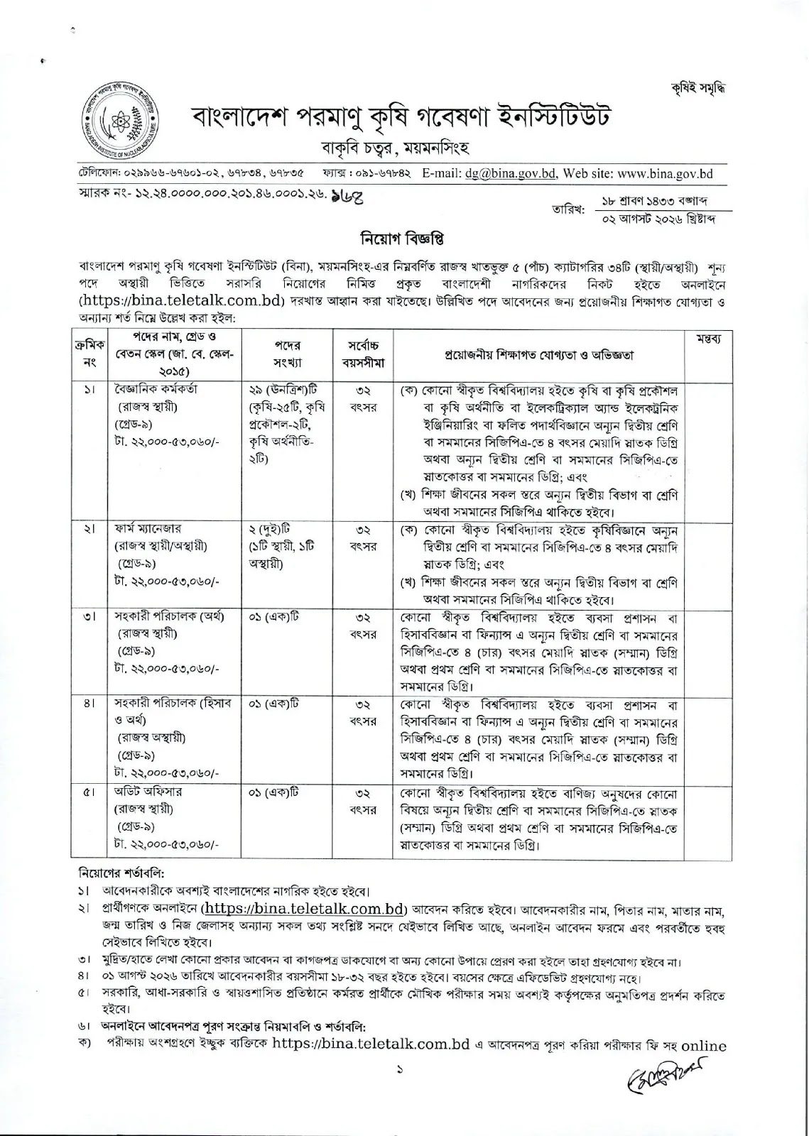 বিনা নিয়োগ বিজ্ঞপ্তি ২০২৬ পৃষ্ঠা ১ BINA job circular