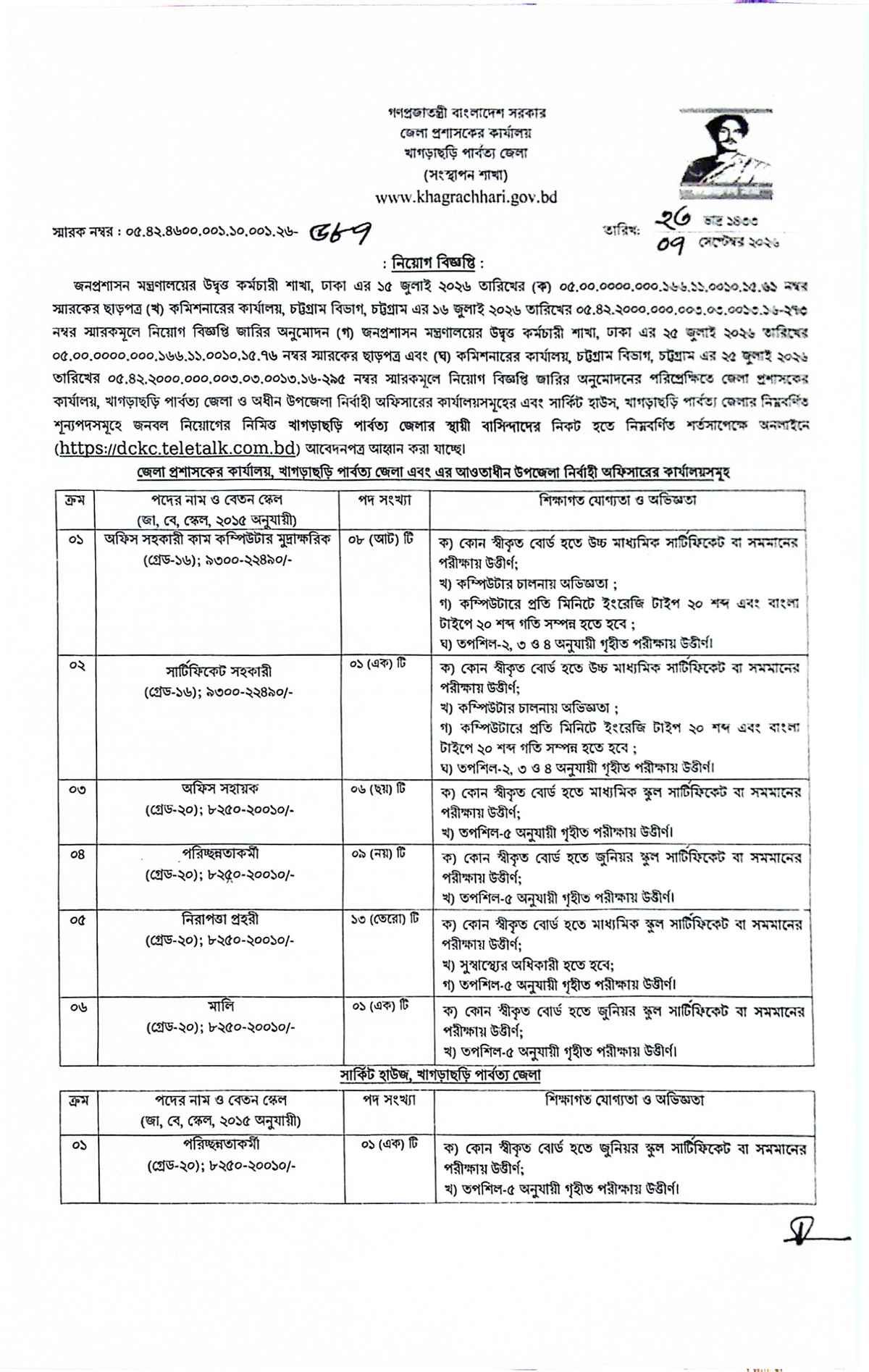 Khagrachhari DC Office Job Circular 2026 official notice page 1