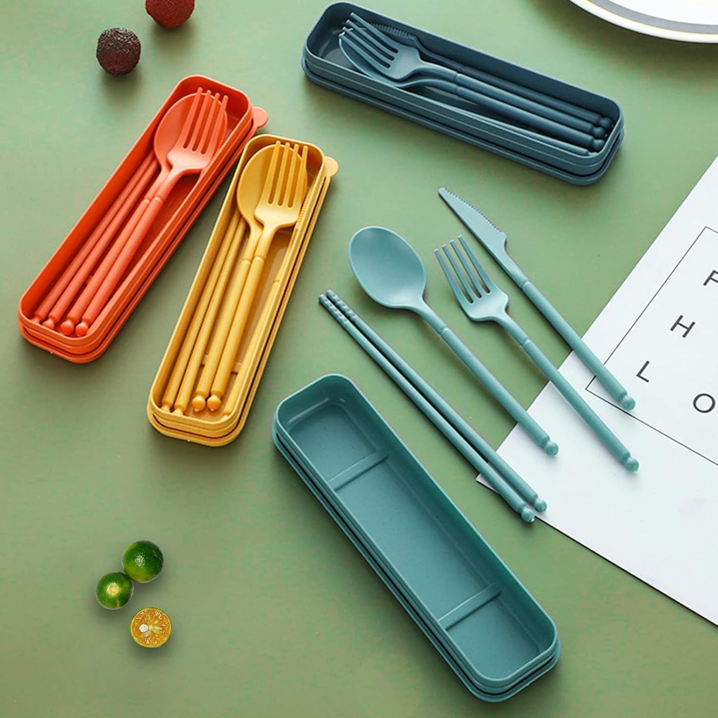 Travel reusable utensils dark green case open showing portable flatware