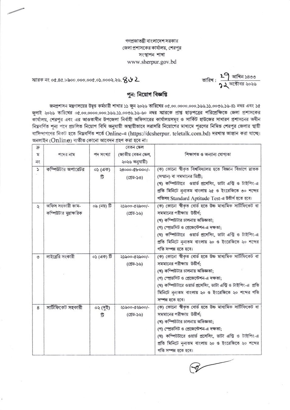 DC Office Sherpur Job Circular 2026 page 1 - post list, vacancy and salary