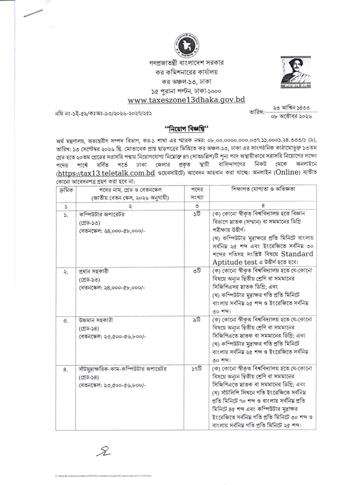 Taxes Zone-13 Dhaka Job Circular 2026 page 1 - Computer Operator Head Assistant UDA Stenotypist posts