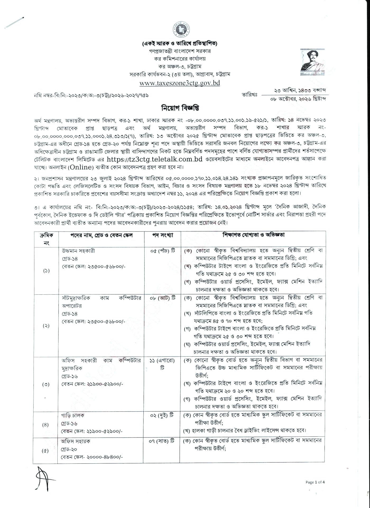 Taxes Zone-3 Chattogram TZ3CTG Job Circular 2026 official notice page