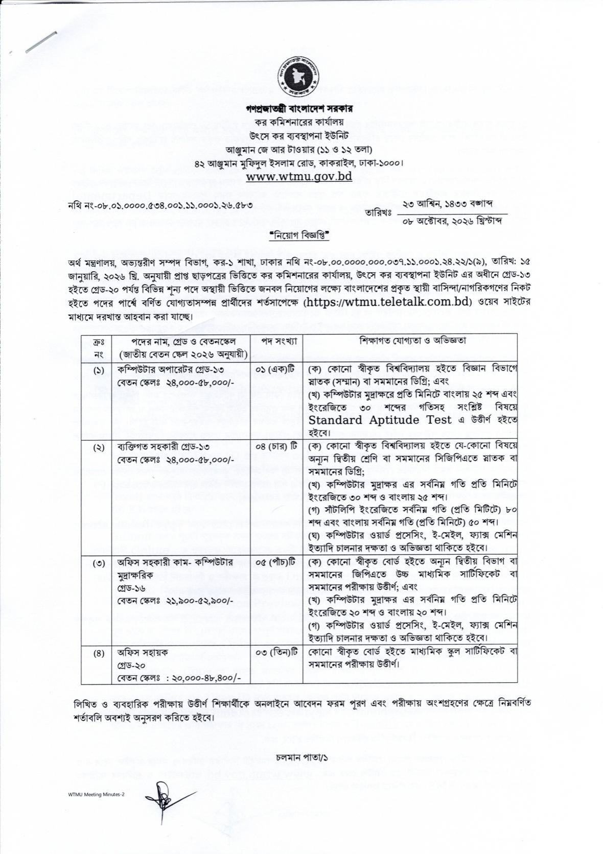 WTMU Job Circular 2026 page 1 - posts, vacancy and pay scale