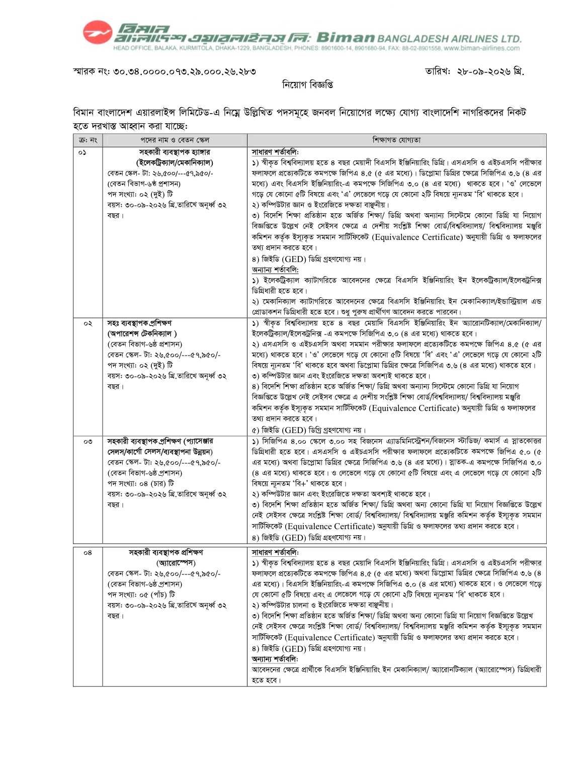 Biman Bangladesh Airlines Job Circular 2026 page 1 - Assistant Manager Training posts