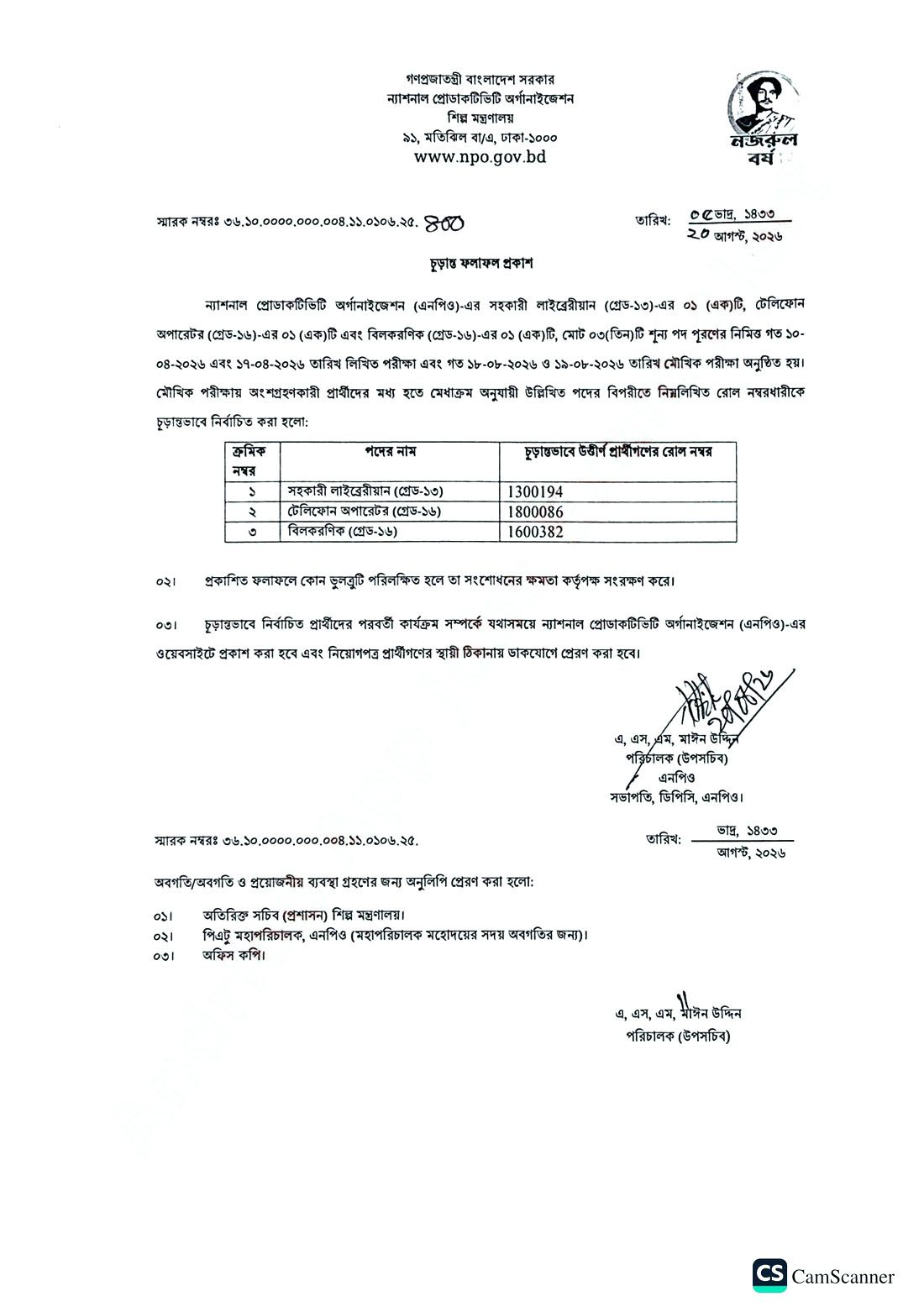 NPO Final Result 2026 notice selected rolls