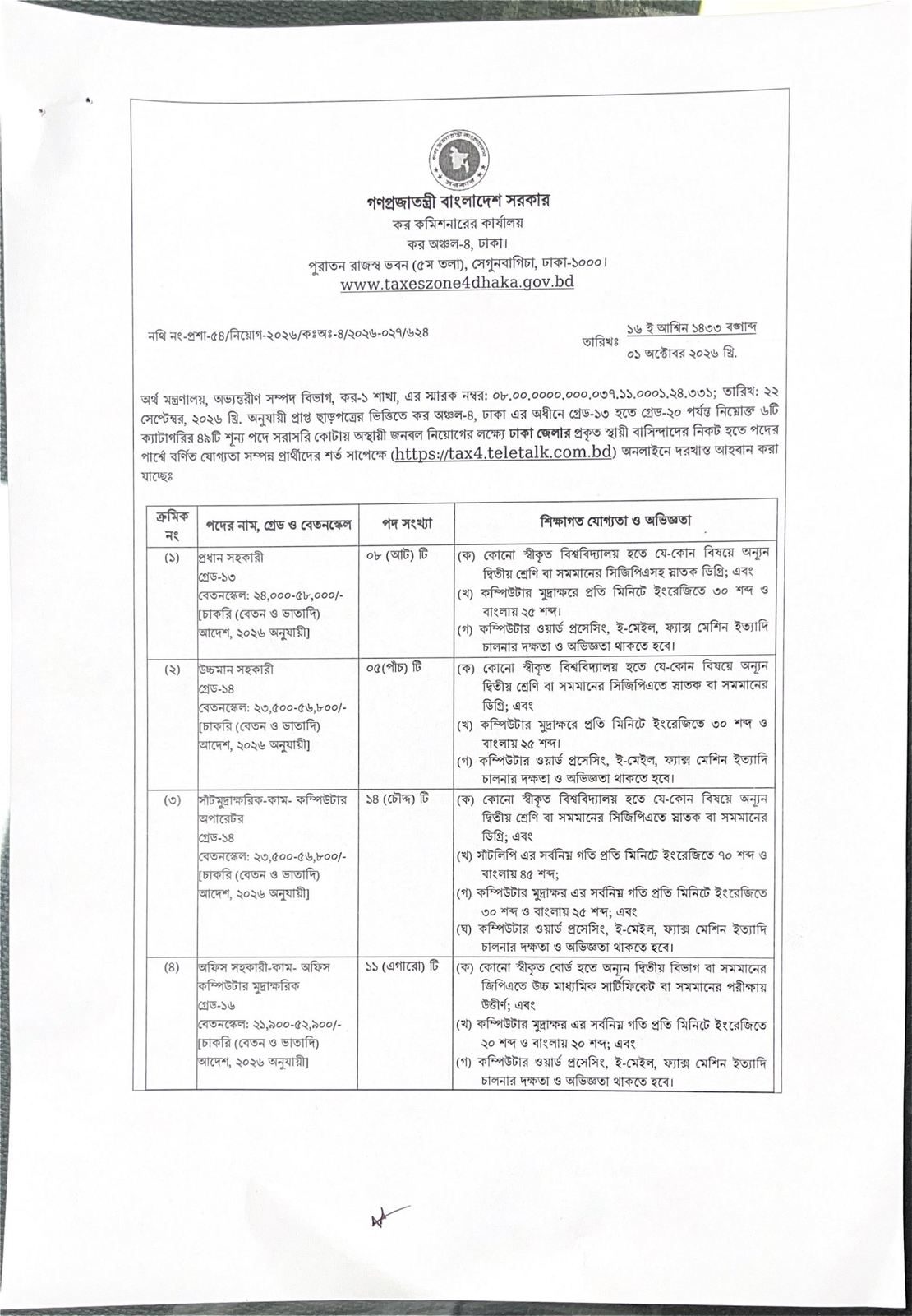 Taxes Zone-4 Dhaka Job Circular 2026 page 1 - Head Assistant UDA Stenotypist posts