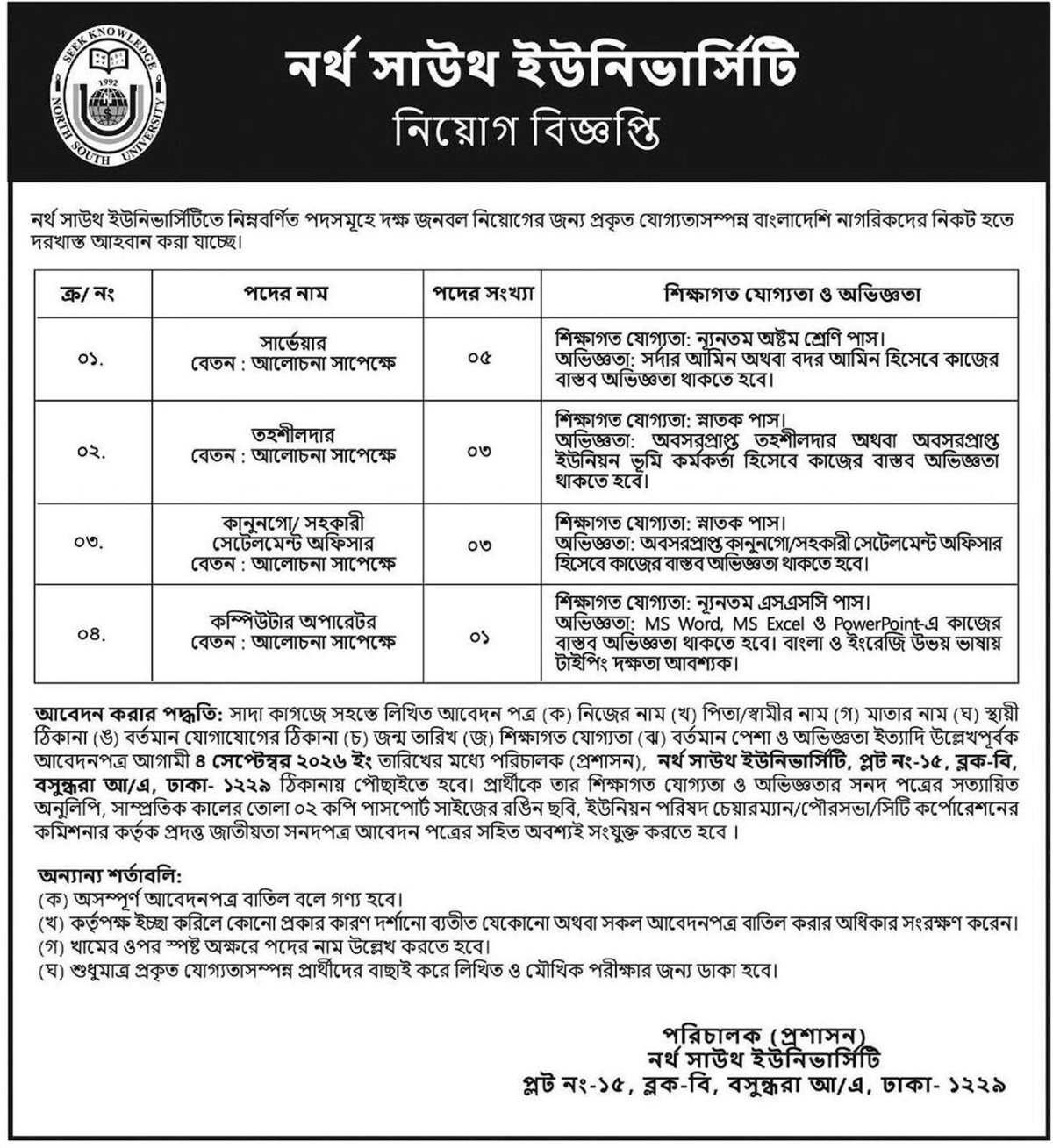 North South University Job Circular 2026 official notice Surveyor Tahsildar Kanungo Computer Operator